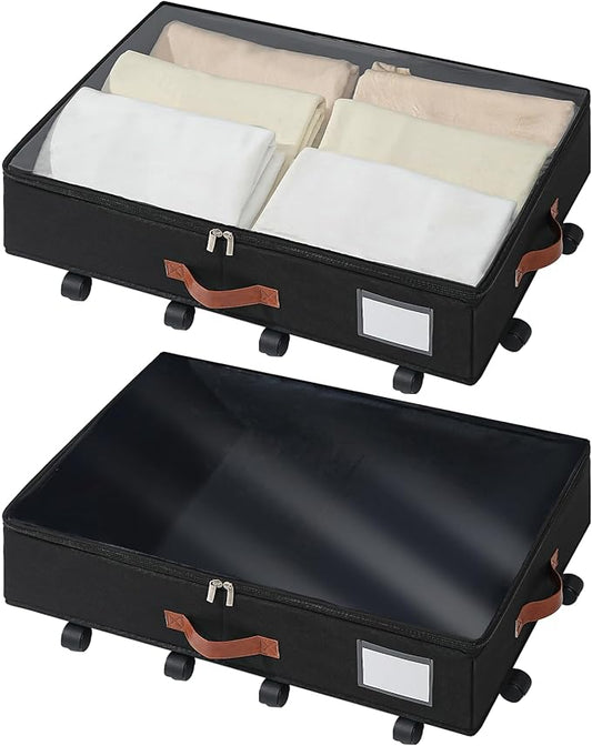 Under Bed Storage Organizer with Wheels, Underbed Container with Clear Lid Cover, Storage Bag Box with Visiable Window for Clothes, Bedsheet, Pillow, 2 Packï¼5.5 inches