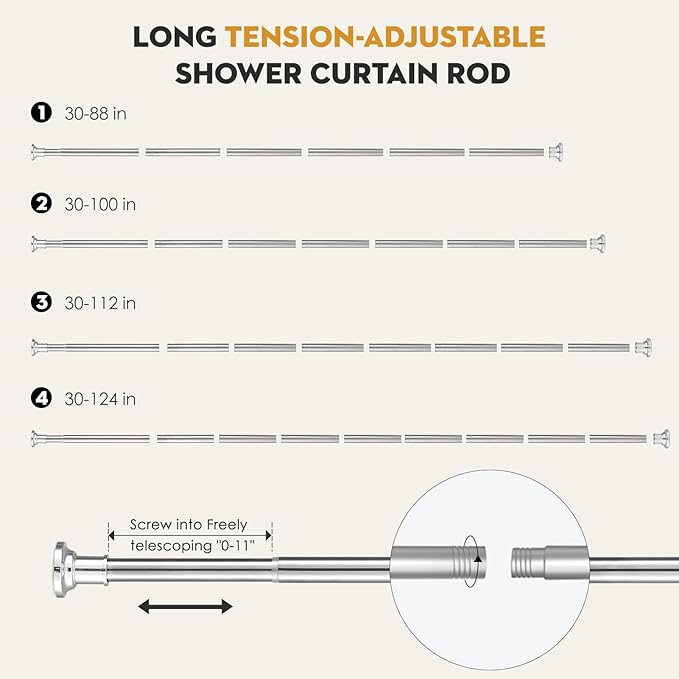 Silver Long Curtain RodTension Shower Curtain Rods 30 to100 inch Adjustable Spring Heavy Duty Rods for Bathroom Windows Outdoor No Drill No Slip Stainless Steel