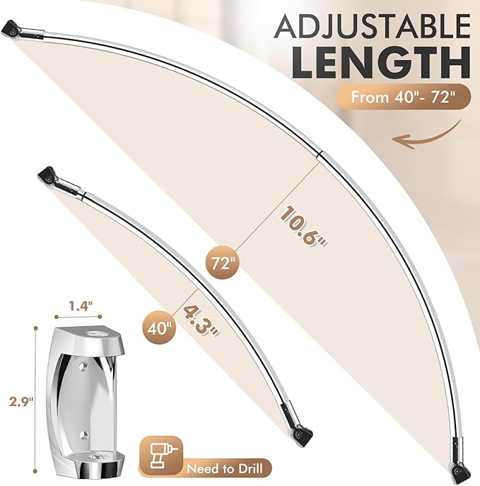 Bonpally Curved Shower Curtain Rod for Bathroom, 40-72 Inches Adjustable Curved Shower Rod, 0.9MM Rustproof Shower Curtain Rod with Rotating Brackets for Extra Shower Space, Need to Drill, Chrome