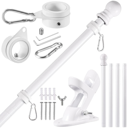 BONWIN White Flag Pole Kit for House, 5FT Thickened Stainless Steel Outside Wall Mount Flagpole for 3x5' Flag, 1" Tangle Free Rotating Flag Pole Rings & 2-Position Bracket Holder for Porch Residential