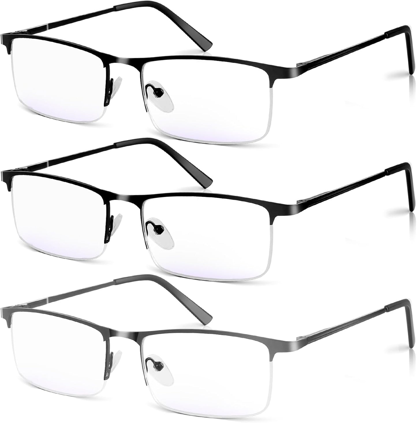 3 Pack Blue Light Blocking Reading Glasses for Men, Stylish Half Frame Metal Computer Readers, Lightweight Spring Hinge Eyeglasses Anti Eyestrain/Glare/UV (2PCS Black+1PCS Gray,+2.5)