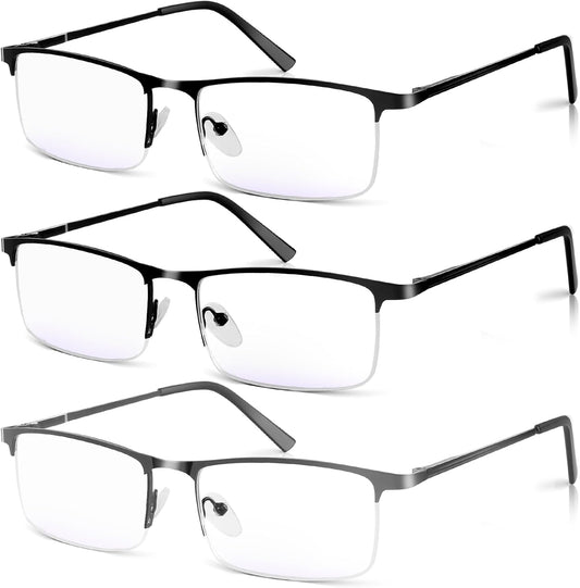 3 Pack Blue Light Blocking Reading Glasses for Men, Stylish Half Frame Metal Computer Readers, Lightweight Spring Hinge Eyeglasses Anti Eyestrain/Glare/UV (2PCS Black+1PCS Gray,+2.5)