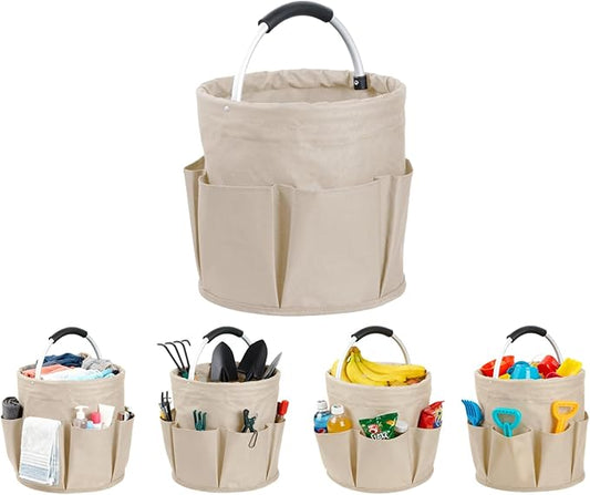 17L Foldable Storage Basket with 6 Side Pockets Cleaning Caddy with Handle Folding Storage Bin for Home Bathroom Camping Gardening (Khaki)