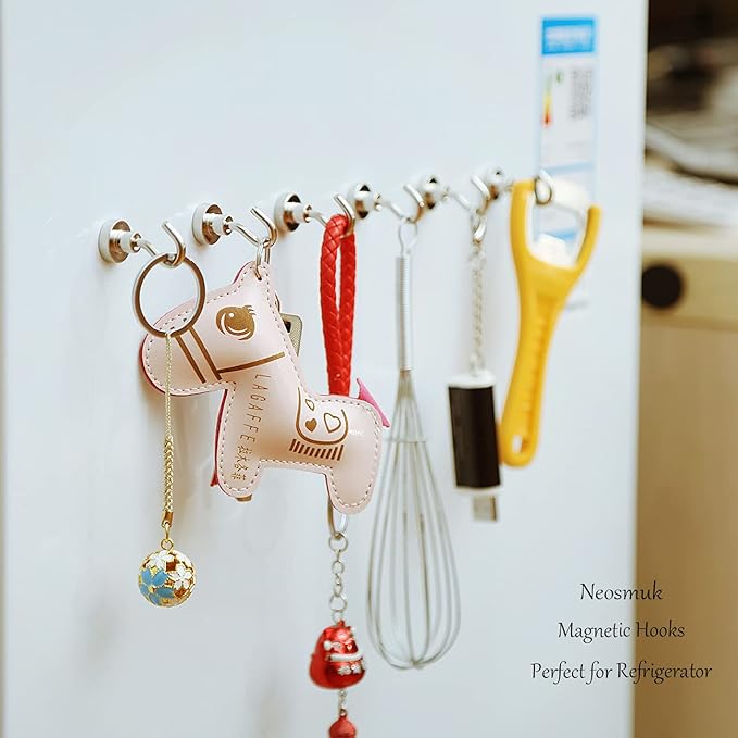 Neosmuk Magnetic Hooks, Heavy Duty 30lb+ Strong Magnet Hook for Cruise Cabins, Cruise Ship Essentials for Hanging, Metal Wall Refrigerator Hangers (Silver White, 12 Pack)
