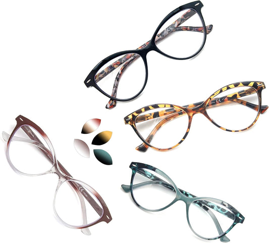 MODFANS 4 Pack Cat Eye 1.5 Reading Glasses for Women,Fashion Ladies Design Comfortable Spring Hinge Stylish 4 Pair Women Readers with 4 Pouch