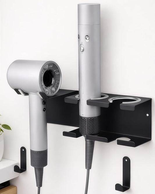 Hair Tool Organizer, Stainless Steel Hair Dryer and Straightener Holder, Curling Iron Holder Wall Mount 3-in-1 Storage for Bathroom, Hair Dryer Holder Black BANJEKT