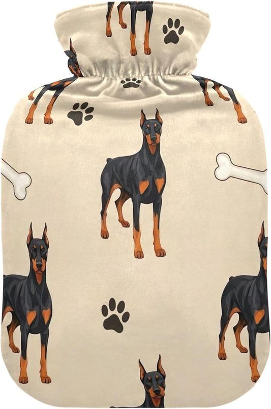 Doberman Pinscher Dog Hot Water Bottles with Soft Velvet Cover Hot Water Bag for Foot Bed Warmer Pain Relief Medium