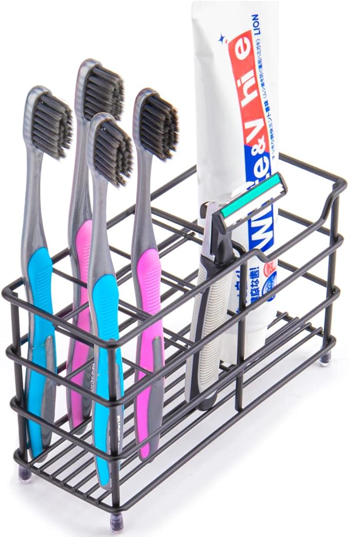 Stainless Steel Toothbrush and Toothpaste Holder for Bathroom â 7-Slot Black Organizer, Space-Saving Hygienic Storage with Modern Design for Countertop