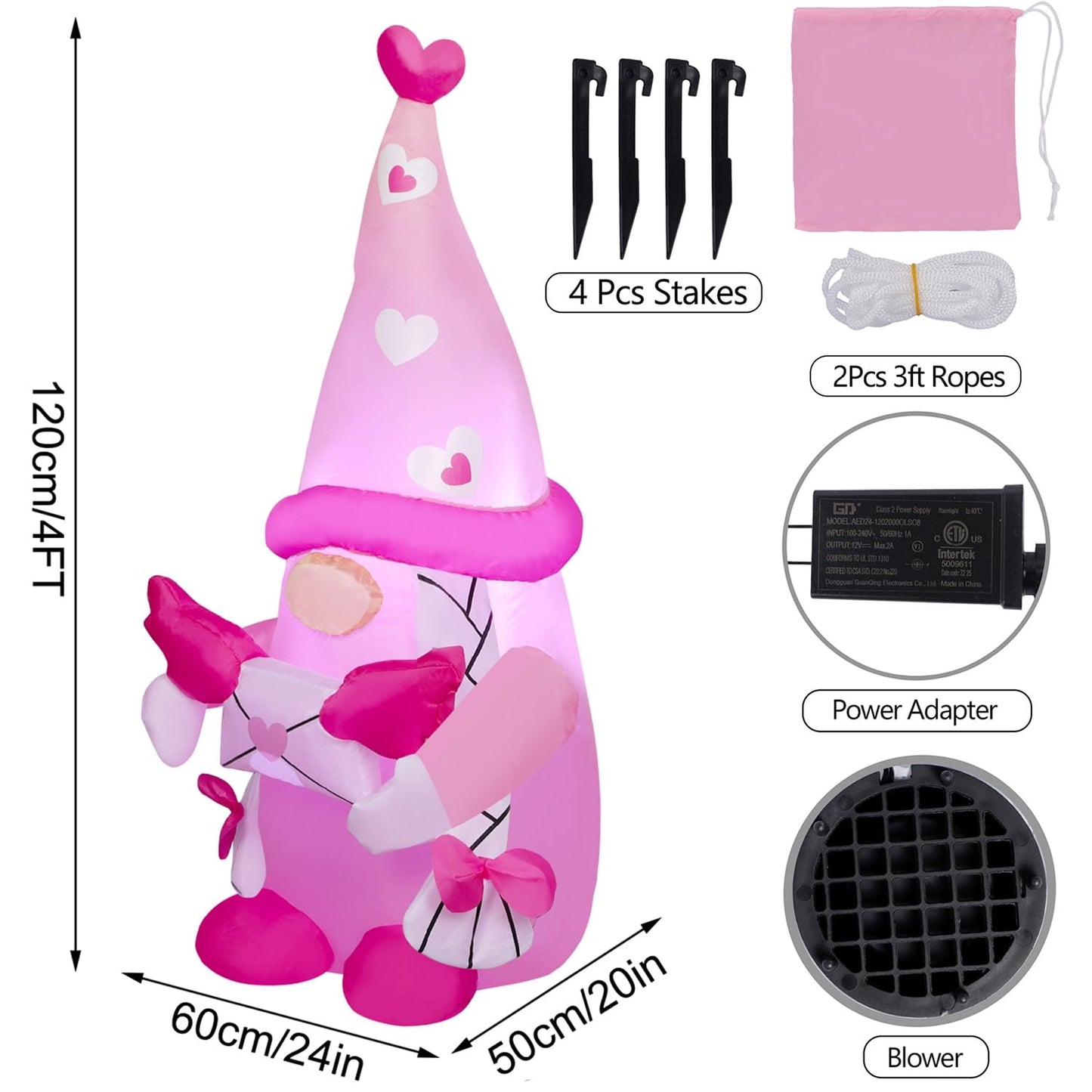 Juegoal Valentine Inflatable Pink Gnome, 4 FT Lighted Blow Up Girl Swedish Gnomes, Indoor Outdoor Valentines Wedding Xmas Decor, Built in LED Light Up Holiday Lawn Yard Garden Decorations
