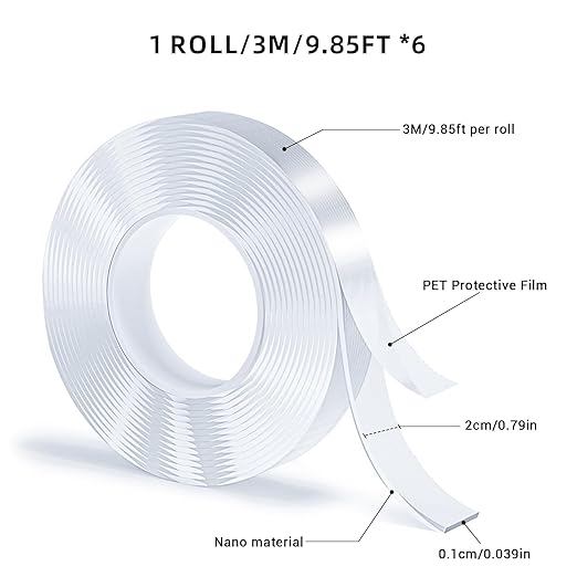 Double Sided Tape, Nano Tape, Transparent Adhesive Tape, Traceless Adhesive Tape, Removable, Washable, Reusable, Suitable for Carpets, Photo Walls, 3m Per Roll, 6 Rolls