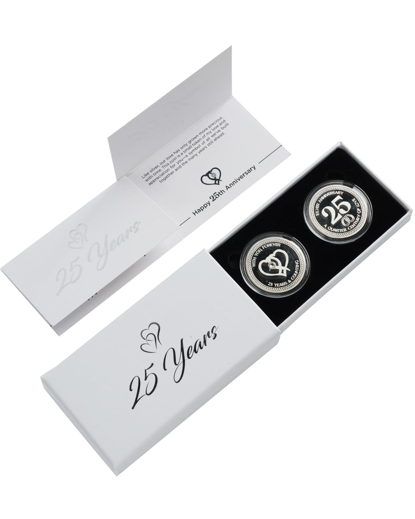 25th Wedding Silver Anniversary Commemorative Coins Set of 2 – 25 Year for Couple, Husband or Wife – Traditional Silver-Plated Keepsake in Gift Box