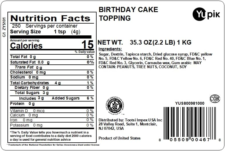 Yupik Birthday Cake Sprinkles, 2.2 lb (35.2 oz), Rainbow Nonpareil Sprinkles, Gluten-Free, Kosher, Cholesterol-Free, Sodium-Free, Fat-Free, Ideal for Ice Cream, Cakes & Donuts Decorating