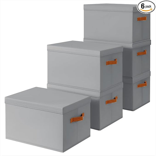Storage Bins with Lids - Large Fabric Closet Bins with Lid, 6 Pack Clothes Organizers and Storage, Collapsible Stackable Cube Basket for Home, Office, Dorm, Grey