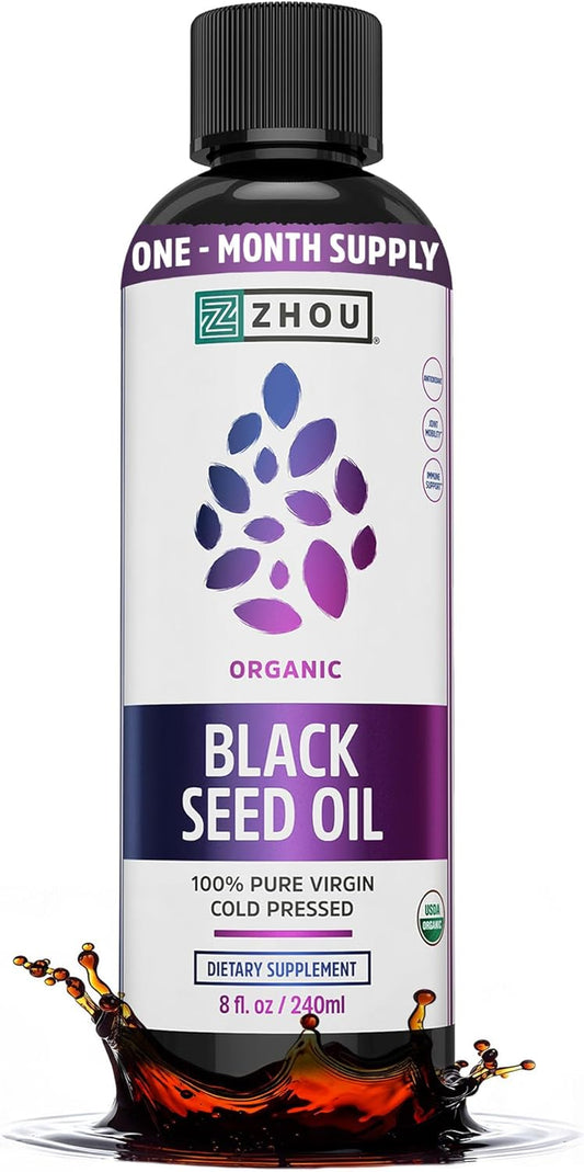 Zhou Organic Black Seed Oil - Black Cumin Seed Oil Cold Pressed, Nigella Sativa, Pure Unrefined Blackseed Liquid, Premium Supplement for Health with Thymoquinone, Omega 3 6 9 - 8 Fl Oz (Pack of 1)