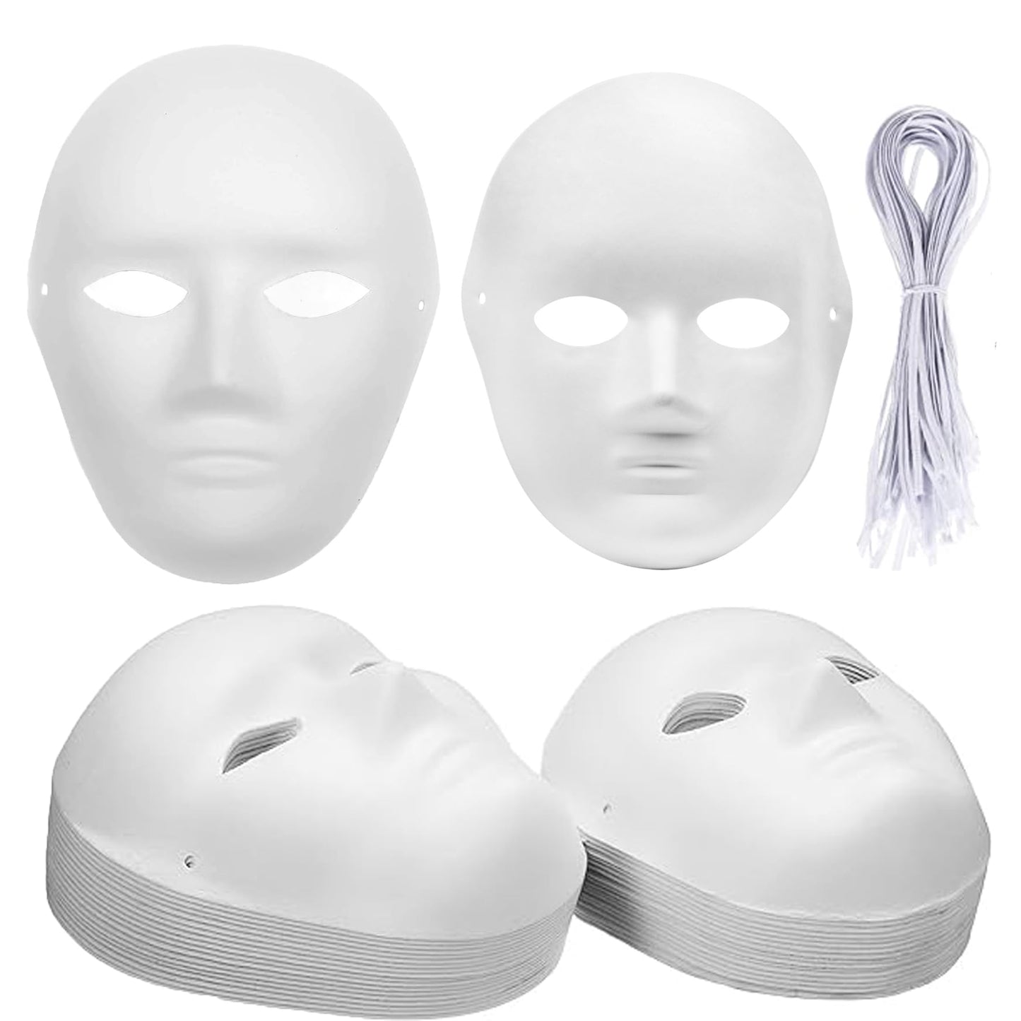 Nicunom 40 Pack DIY Full Face Masks, 2 Sizes Paintable White Plain Masks, Paper Mache Mask for Cosplay Halloween Christmas Mardi Gras Masquerade Dance Party, Blank Costume Masks