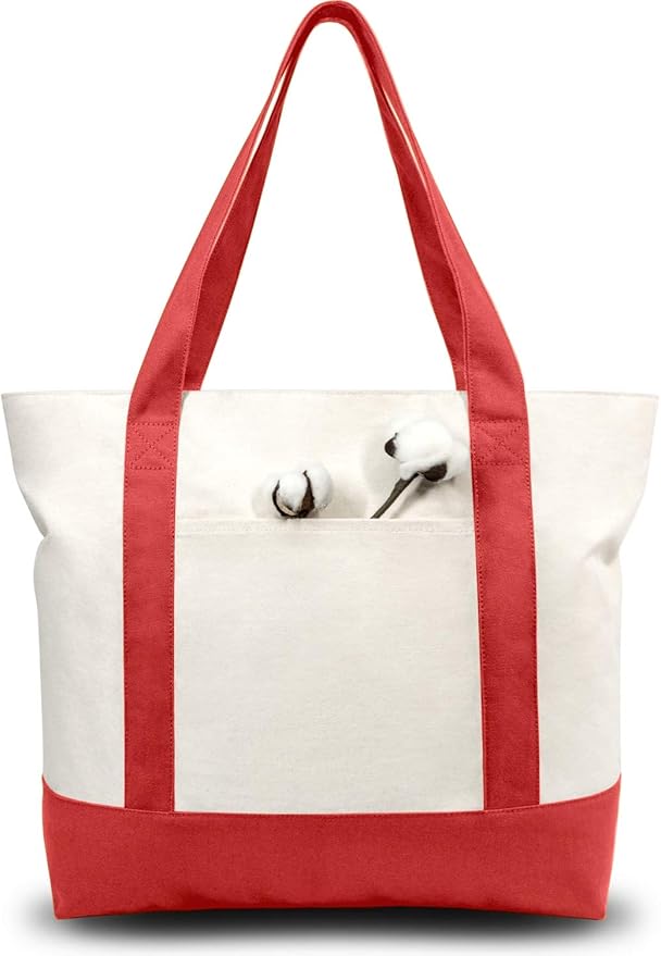 TOPDesign 6-Pack Canvas Tote Bags with an External Pocket, Reusable Grocery Shopping Bags, Top Zipper Closure, Daily Essentials (Red/Natural)