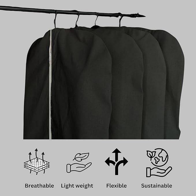 Garment Bag for Hanging Clothes – Organic Cotton Suit & Coat Cover with Zipper | Breathable Closet Organizer for Travel & Storage (X-Large (24"x60"), Black)
