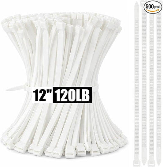 500 Pcs 12 Inch Zip Ties Heavy Duty 120 Lbs Tensile Strength White Nylon Wire Cable Ties Bulk for Indoor Outdoor