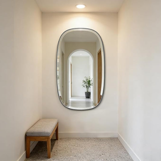 POZINO Rectangle Beveled Mirror, 24"x40" Modern Vanity Mirror with Stainless Steel Frame, Modern Oblong Wall Mirrors for Living Room Bathroom Bedroom Entryway, Hangs Horizontal Or Vertical ï»¿