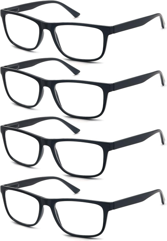 Wide Black Reading Glasses for Men +1.00 Large Oversized Readers Lightweight Square Eyeglasses for Reading for Big Head 4 Pack Spring Hinge Comfortable Fit