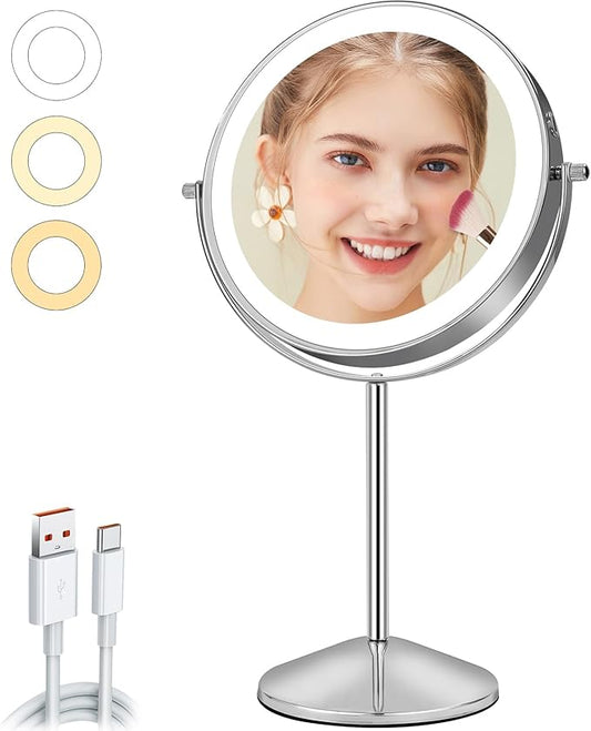 8" Makeup Mirror with Lights, Vanity Mirror with 1X/10X Magnification, Touch Screen 3 Colors Dimmable 54 LED Lights Brightness Adjustable 360Â° Rotation for Tabletop