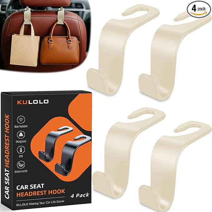 Car Seat Hooks & Purse Holder - 4 Pack Boxed,55 lb Heavy Duty,Eco PP Car Hooks for Purse/Bag/Baby Gear/Gym Bag/Groceries/Cup/,Fits 0.32-0.55âCar Headrest Rods (Beige)