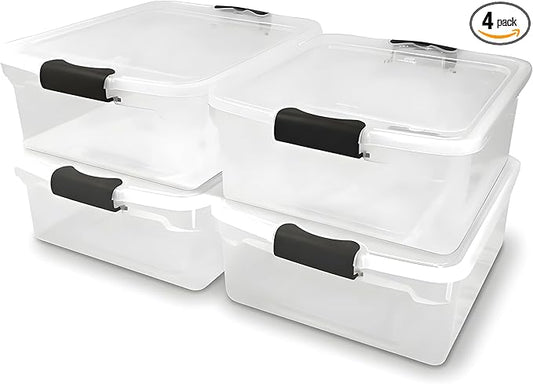 HOMZ 4-Pack 15.5 Quart Latching Lid, Clear Plastic Storage Organizer Bins, Gray â Stackable Containers for Home & Office Shelves, Kitchen, Garage, and Bathroom Organization