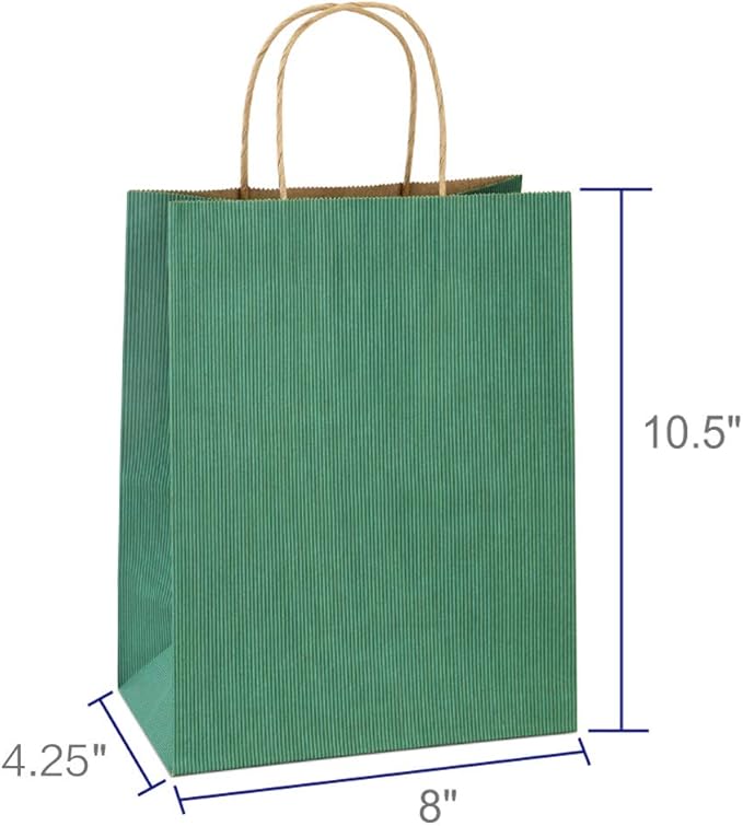 BagDream Gift Bags 8x4.25x10.5 Inches 100Pcs Kraft Paper Bags with Handles Bulk Medium, Green Stripe, 100% Recycled, Retail Merchandise Grocery Paper Sacks