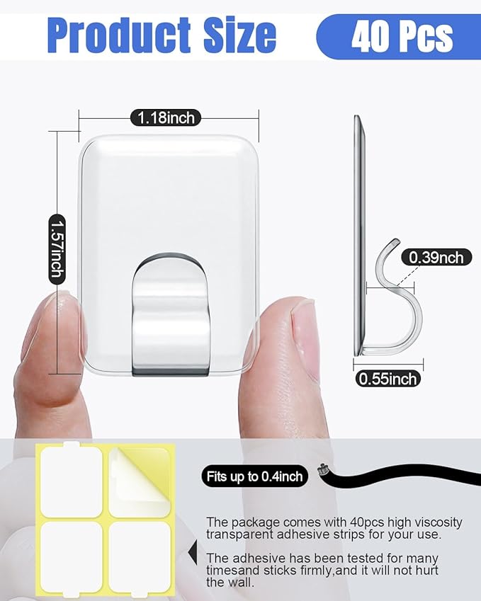 LZC Hooks for Outdoor String Lights Clips: 40 Pack Large Clear Rectangle Outdoor Light Clips Waterproof Adhesive Strips - Heavy Duty Outside Hanging Cable Rope Light Holders Organizer