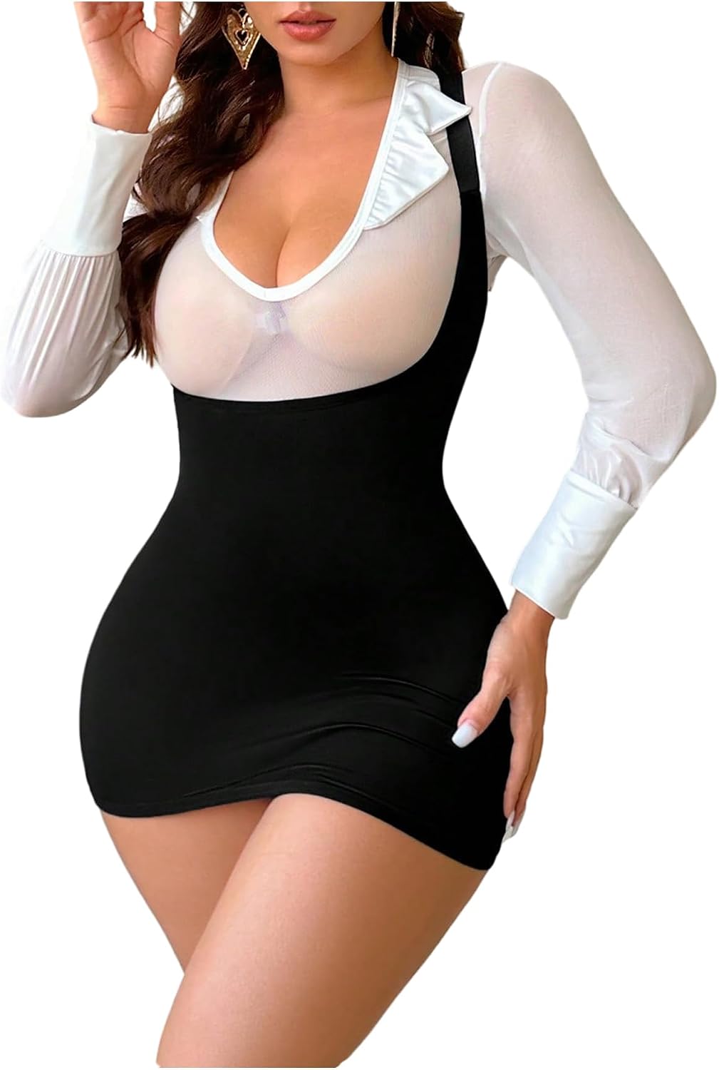 Milumia Women's Sexy Cosplay Lingerie Sheer Mesh Long Sleeve Shirt Suspender Dress Set