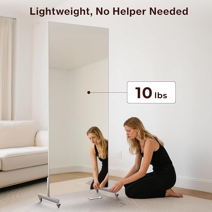 Standing Full Length Mirror on Wheels 71" x 32" Large Rolling Mirrors Smooth Moving Unbreakable Glassless Mirror for Home Gym Dance Studio Yoga, Silver