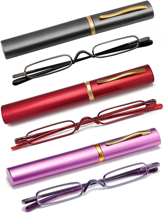 3 Pack Slim Pen Reading Glasses Metal Frame & Case Compact Portable Spring Hinge Eyeglasses for Women Men (Gunmetal, Red, Purple, +1.25)