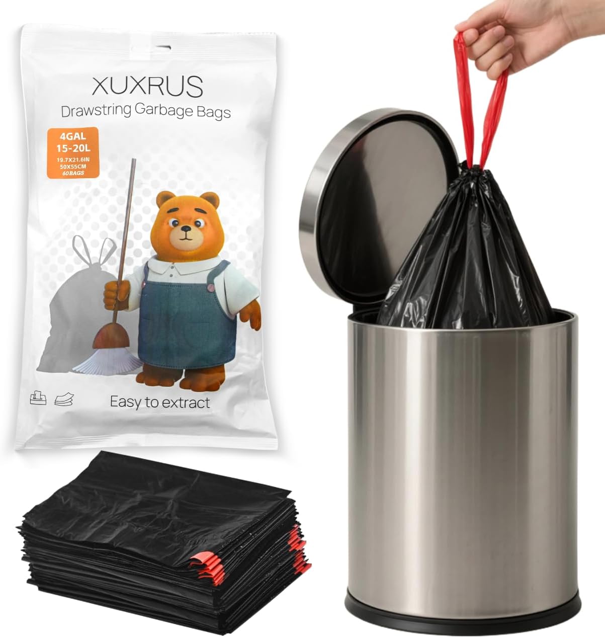 XUXRUS Small Black Bathroom Trash Bags 4 Gallon Drawstring Garbage Bags Unscented, Strong & Durable, Easy-Dispense, 60 Count Heavy Duty Garbage Bags for Bathroom Trash Can