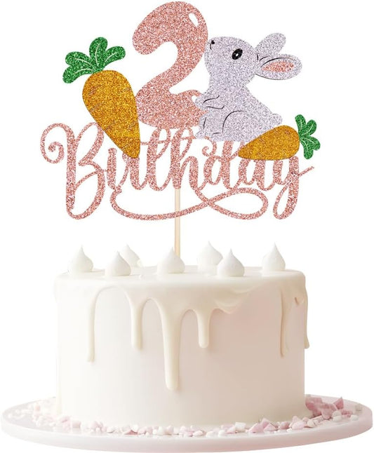 Two Cake Topper,Easter Bunny Cake Topper，2nd Birthday Cake Decor,Boys and Girls 2nd Birthday Party Decorations supplies (Two-year-old rabbit)