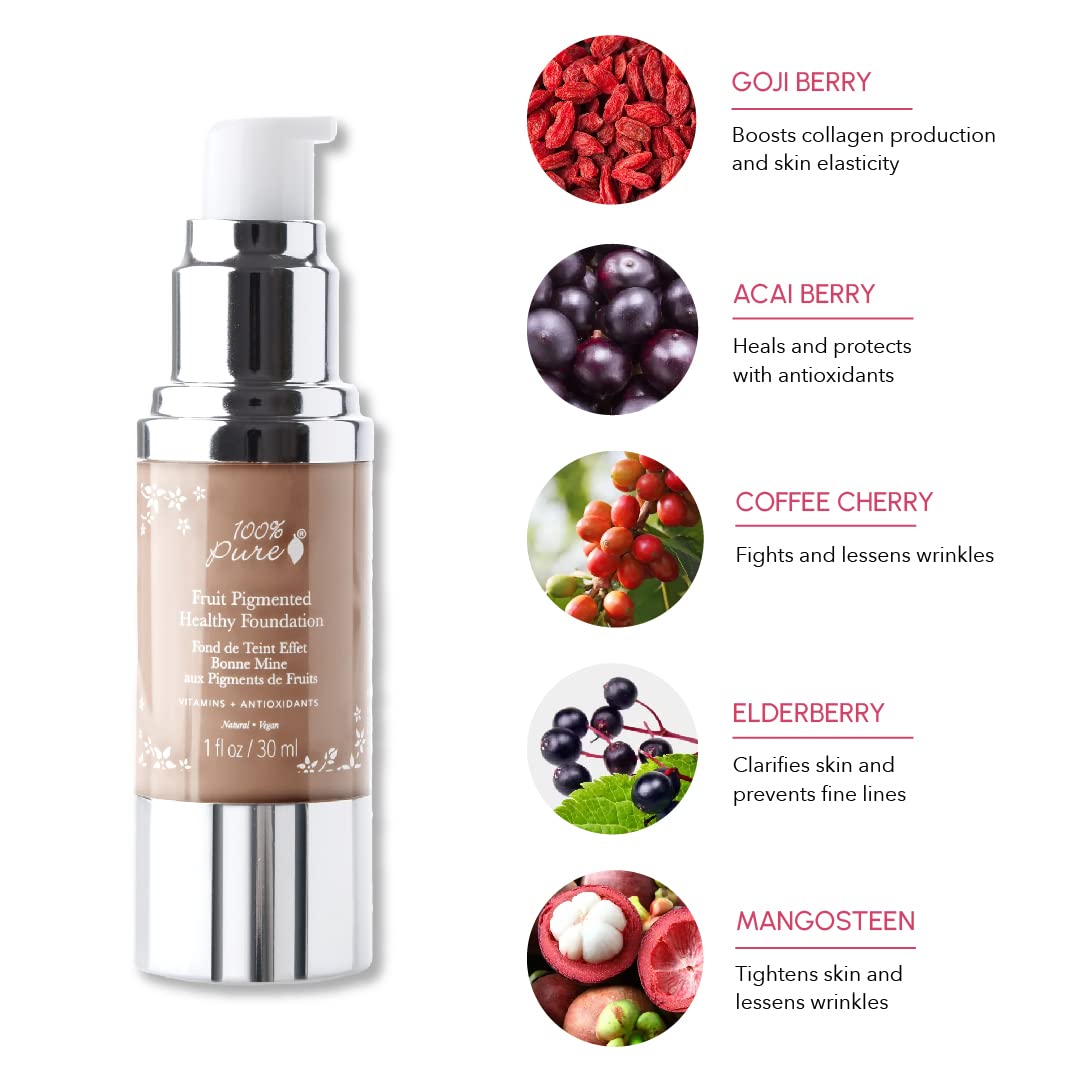 100% PURE Healthy Foundation Full Face Coverage Makeup, Liquid Matte Finish with Anti-Aging Benefits - Vegan Gorgeous Fruit Pigmented Toffee Color (Tan with Neutral Undertone) - 1 Fl Oz