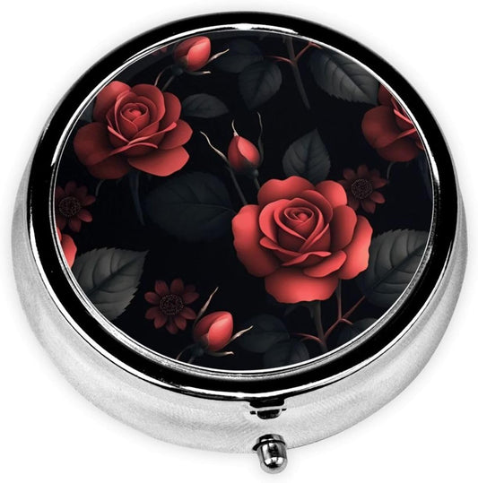 Metal Pill Organizer - 3-Compartment Mini Round Pill Case for Pocket & Purse, Portable Vitamin Holder, Easy-Open Design for Travel - Red Rose