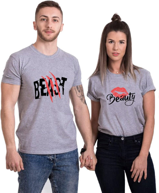 Beast Beauty Matching Couple T-Shirts for Husband & Wife, Pure Cotton Matching T-Shirt for Lovers (Pack of 1)