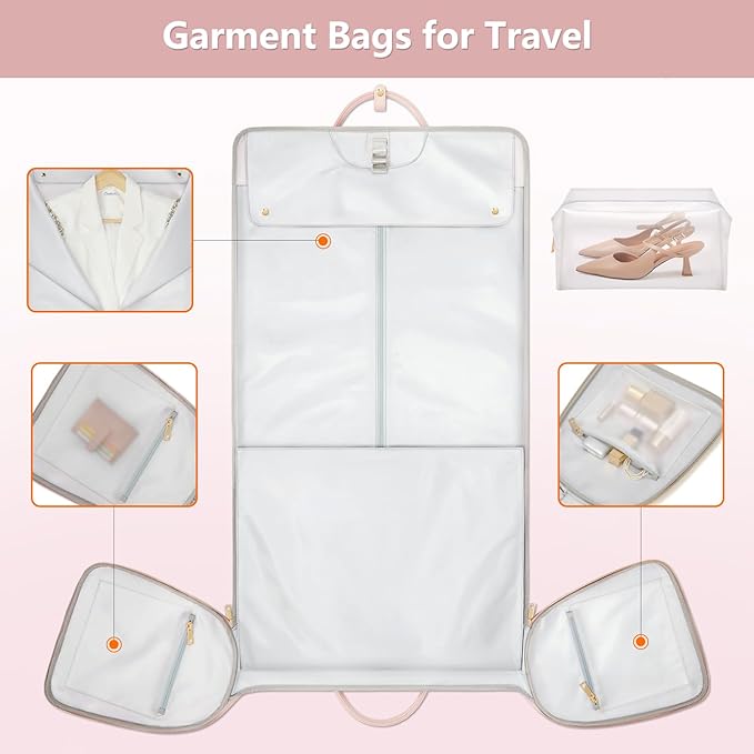 Garment Bags for Travel, Convertible Suit Travel Bag for Women, Fashion & Cute Carry On Garment Bag w/Shoes Pouch, 2 in 1 Foldable PU Leather Hanging Duffle Bag, Single-Zipper Design, Pink