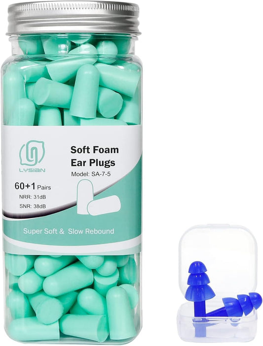 LYSIAN Ultra Soft Foam Earplugs for Sleep - 38dB Noise Cancelling Ear Plugs Perfect for Travel, Study & Quiet Rest - 60 Pairs Value Pack (Aqua)