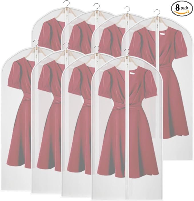 Kntiwiwo Clear Garment Bags for Closet Storage Suit Bag Set of 8 Hanging Clothes Cover Dress Bag Dust-Proof with Zipper for Suit, Coat, Long Dresses Clothes Storage 24â x50â