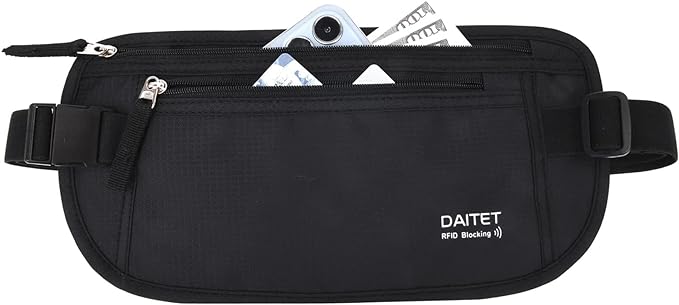 DAITET Money Belt - Passport Holder Secure Hidden Travel Wallet with RFID Blocking, Undercover Fanny Pack (Black)