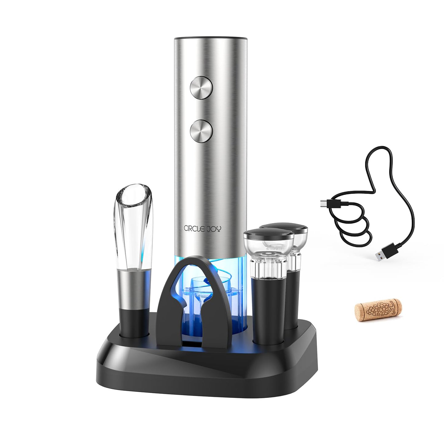 CIRCLE JOY Electric Wine Opener Stainless Steel Rechargeable Automatic Wine Bottle Opener Set 7-in-1 Wine Gifts for Wine Lovers with Charging Base, Foil Cutter, Wine Aerator Pourer & 2 Vacuum Stoppers