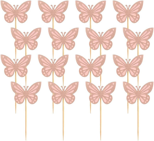 30 Pcs Butterfly Cupcake Toppers Assembled Butterfly Cake Toppers Glitter Butterflies Cake Picks Double Layers Cupcake Topper for Cake Decor Light Pink