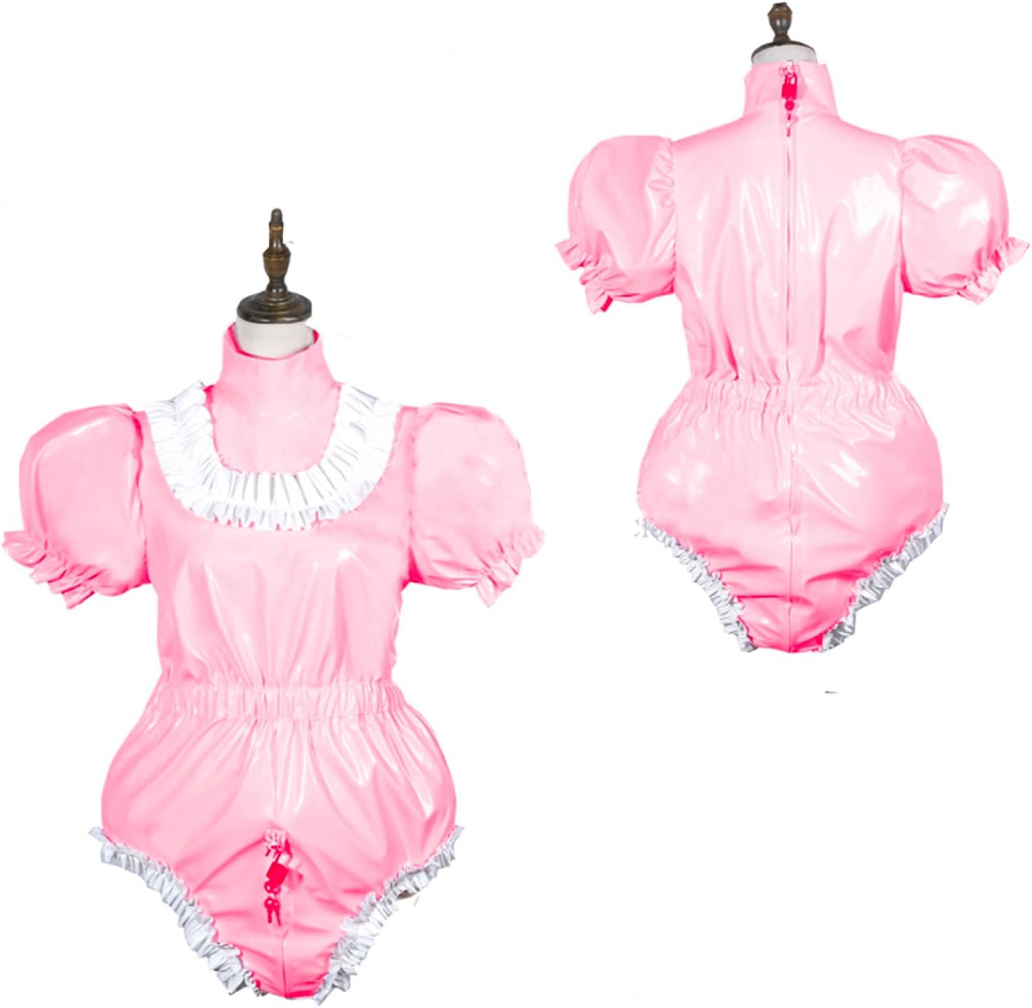 Bodysuit Shiny PVC Short Sleeve Maid Costume Vinyl Maid Dress Lockable Jumpsit Plus Size,Light Pink,M