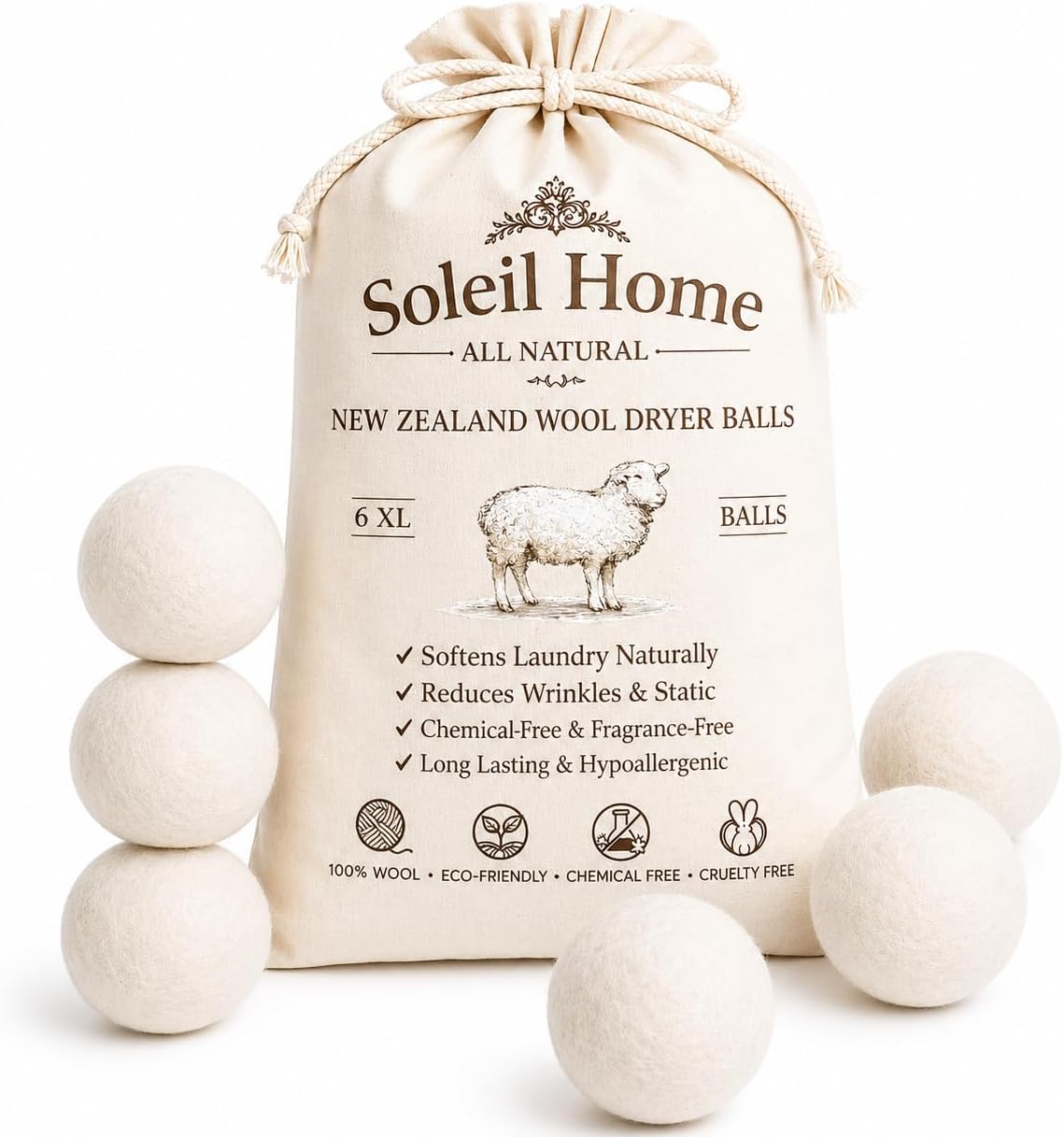 Wool Dryer Balls XL 6-Pack – 100% New Zealand Wool Laundry Balls – Natural Fabric Softener Alternative to Dryer Sheets – Reduces Static, Wrinkles & Drying Time – Reusable