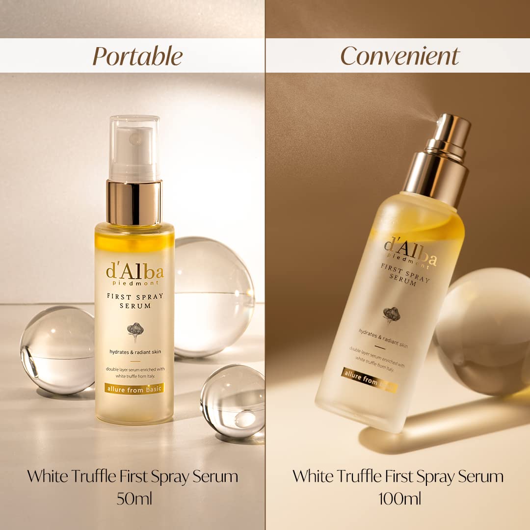 d'Alba Travel Essencial Gift Set, White Truffle First Spray Serum Full Size & Travel Size with Yellow Pouch, Korean Skin Care