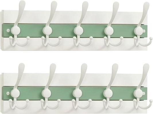SKOLOO Coastal Wall Mounted Coat Rack - 16-7/8" Beach House Entryway Wooden Coat Hook with 5 Hooks for Hanging Coats, Hats or Towels, Oceanfront Cottage Core Collection, White & Green, Pack of 2