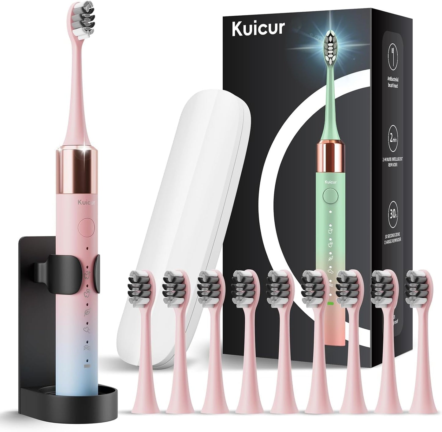 Kuicur Portable Electric Soft Toothbrush with Travel Case, 90-Day Largest Battery Life, 10 Brush Heads, 5 Modes Deep Clean, Ergonomically-Designed for Enhanced Comfort - Ideal Gift for Adults & Kids