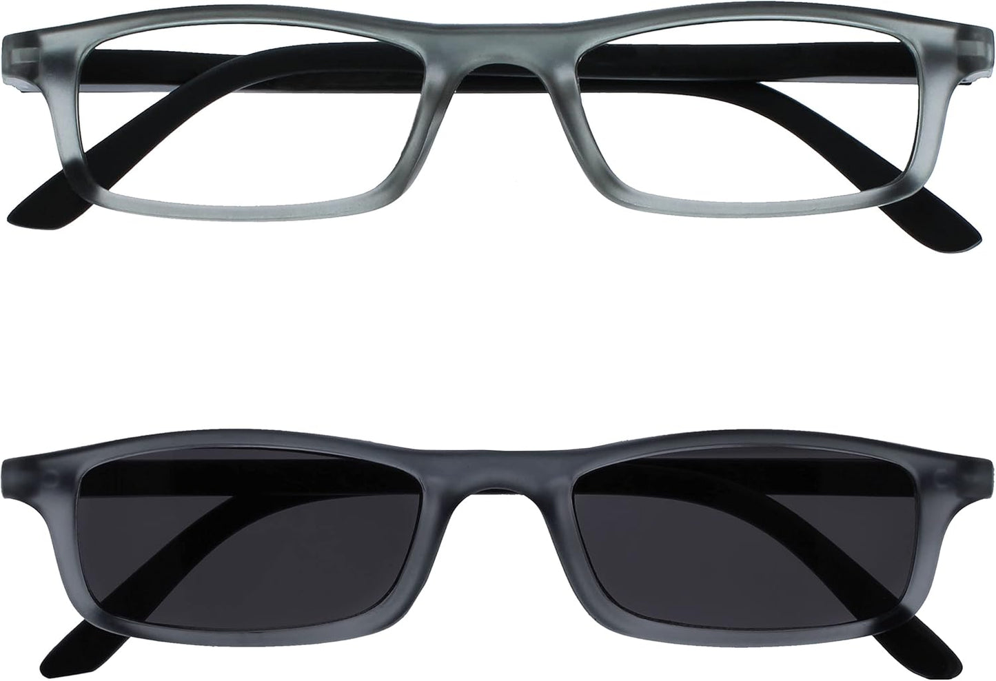 OPULIZE TED Reading Glasses and Reading Sunglasses for Women Men, Lightweight Narrow Rectangular Matt Frame with spring Hinges and Tinted UV400 Protection Lens, Grey +1.50 (Pack of 2)