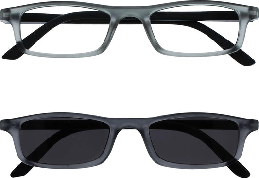 OPULIZE TED Reading Glasses and Reading Sunglasses for Women Men, Lightweight Narrow Rectangular Matt Frame with spring Hinges and Tinted UV400 Protection Lens, Grey +1.50 (Pack of 2)
